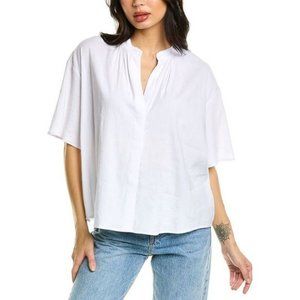 Vince White Shirred Band Collar Linen-Blend Top